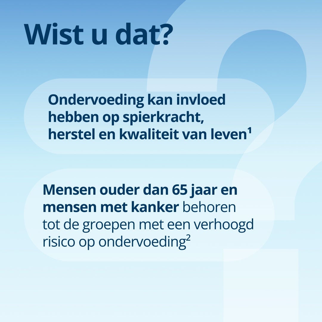 Wist u dat ondervoeding invloed kan hebben op spierkracht, herstel en kwaliteit van leven. Mensen ouders dan 65 jaar en mensen met kanker behoren tot de groepen met een verhoogd risico op ondervoeding.