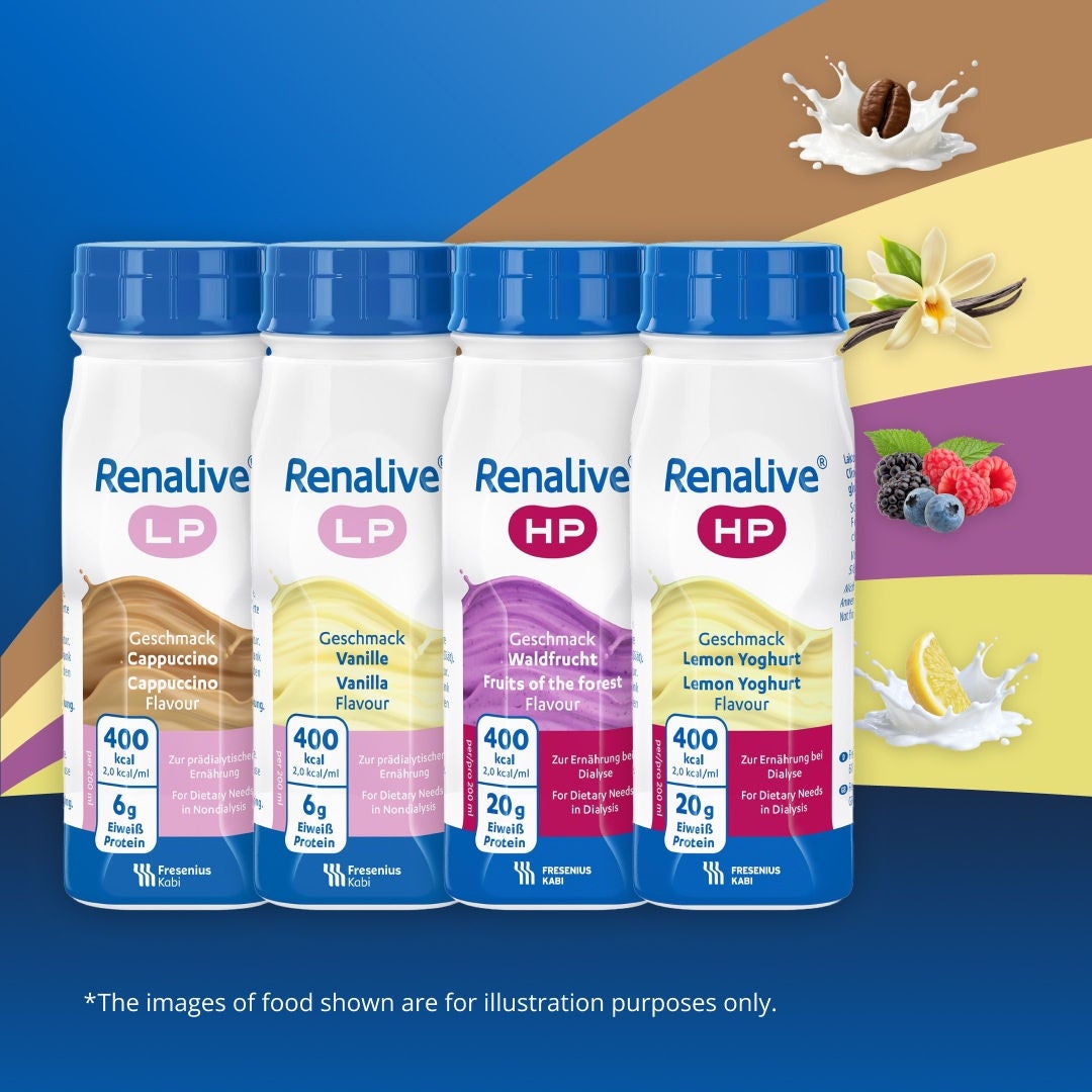 Fresubin's Renalive range includes Renalive LP in Cappuccino and Vanilla flavours, as well as Renalive HP in Fruits of the Forest and Lemon Yoghurt flavours. 