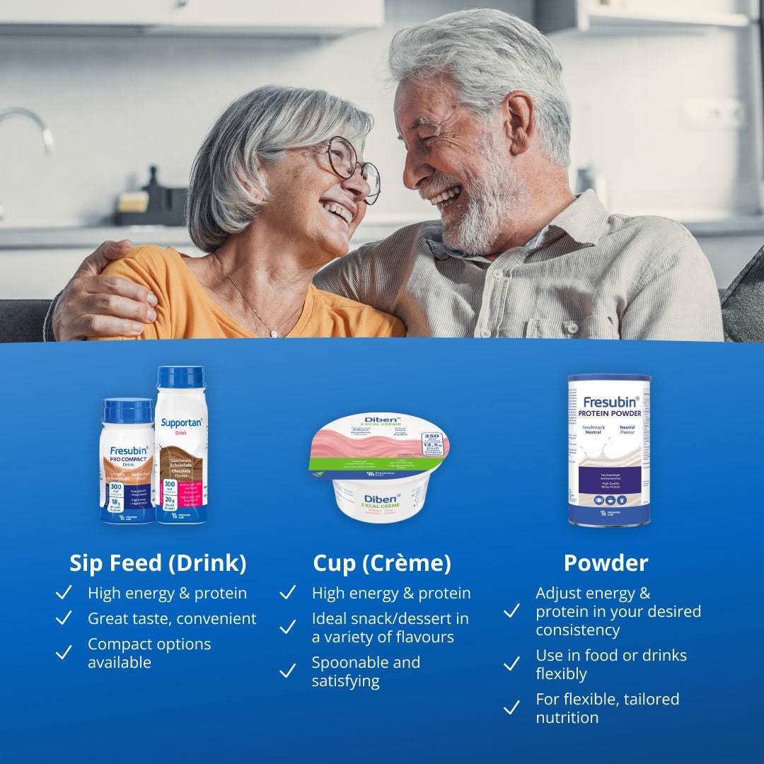 The Fresubin oral nutritional supplement range includes high energy and high protein sip feed drinks that have a great taste, and are convenient with compact options available; spoonable, satisfying crème cups that are high in energy and protein and ideal as a snack or dessert in a variety of flavours; and, powders that can be used in food or drinks to adjust energy and protein to your desired consistency for flexible, tailored nutrition. 