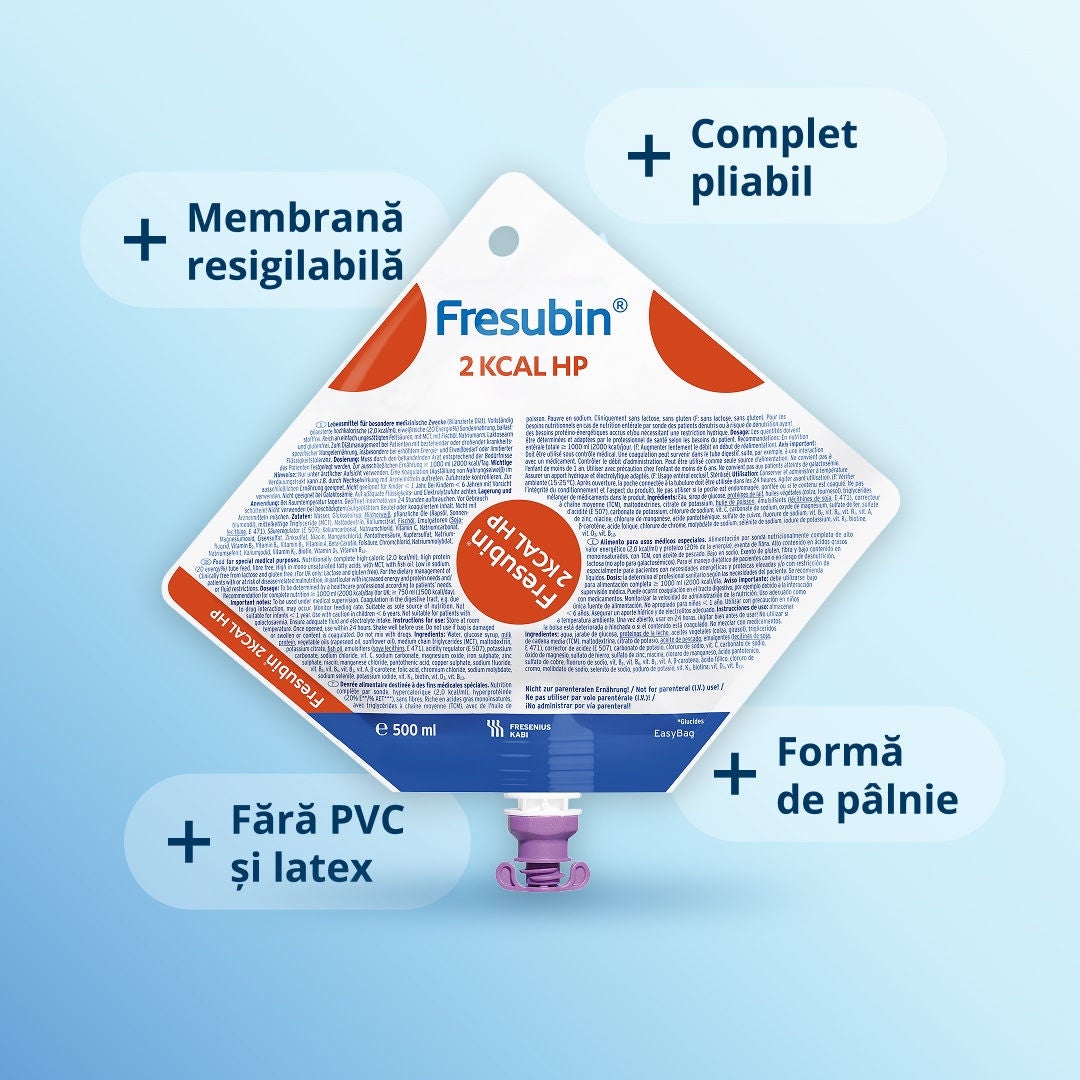 O infografică care explică cele patru aspecte cheie ale modului de funcționare al recipientului EasyBag pentru alimentație prin sondă de la Fresenius Kabi. 