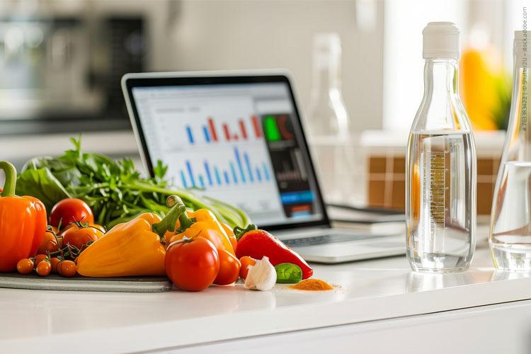 Frisches Gemüse und Wasser neben einem Laptop - gesunde Ernährung bei Dialyse zur Unterstützung des Nährstoffbedarfs.