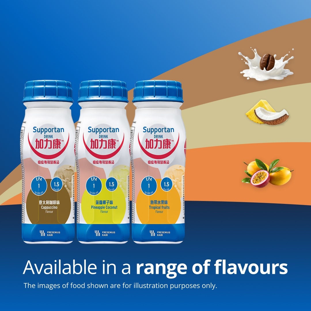 Nutritional drinks for cancer patients from Fresubin’s Supportan range, designed to maintain weight and strength during treatment. Includes Pineapple-Coconut, Tropical Fruits, Cappuccino and Chocolate flavours 