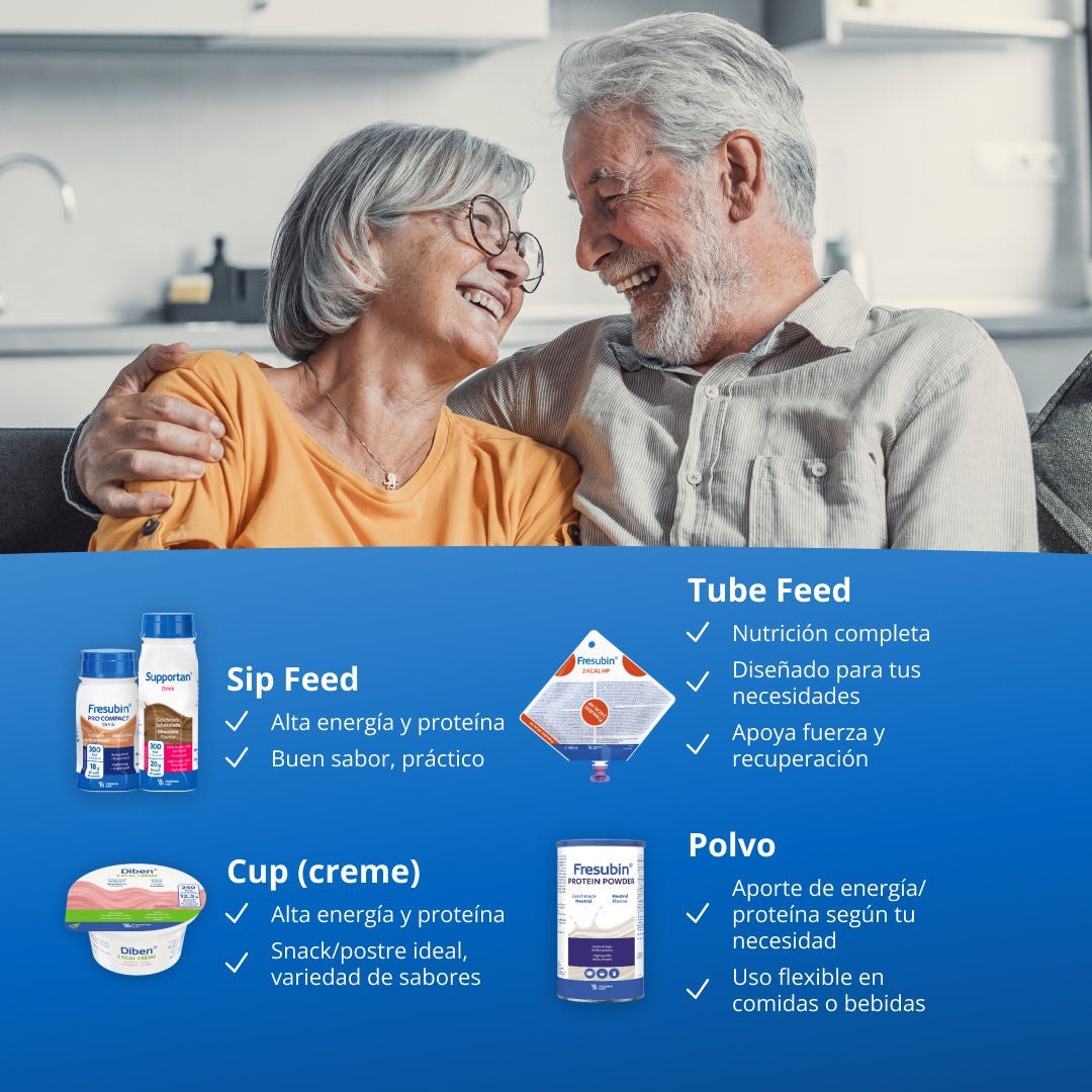 La gama Fresubin incluye bebidas de alta energía y alto contenido proteico para consumo directo, que son prácticas y tienen un sabor excelente; fórmulas de alimentación por sonda que ofrecen una nutrición completa para diversas necesidades clínicas; tazas de crema para comer con cuchara, con alto contenido de energía y proteínas, ideales como merienda o postre y disponibles en una variedad de sabores; y polvos que se pueden incorporar de manera flexible a alimentos o bebidas para ajustar el contenido de energía y proteínas a la consistencia que usted desee. 