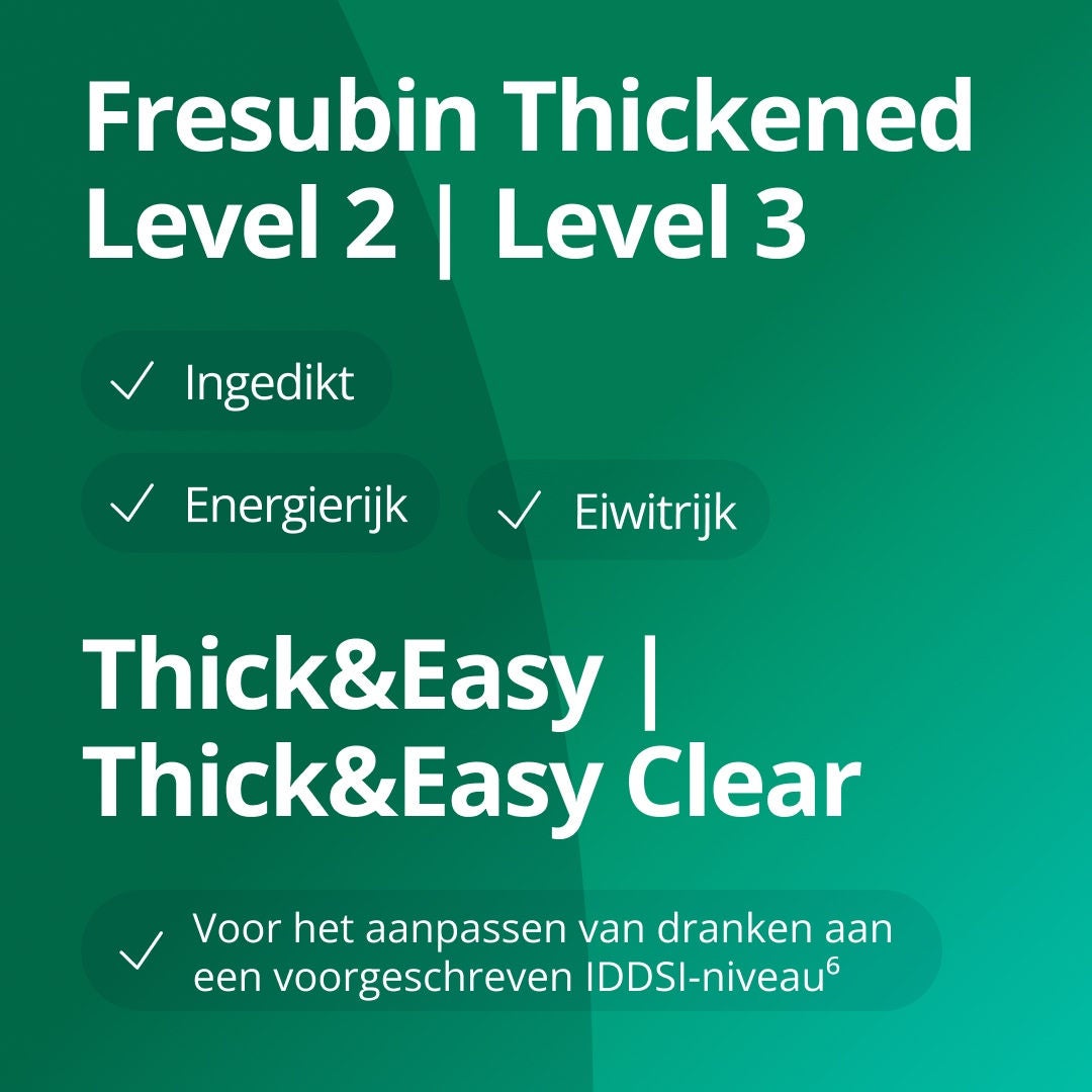 Fresubin Thickened Level 2 en Level 3 zijn reeds ingedikt,  Thick&Easy en Thick&Easy Clear kunnen worden gebruikt om de consistentie van een drank of voeding aan te passen aan het door u voorgeschreven IDDSI-niveau. 