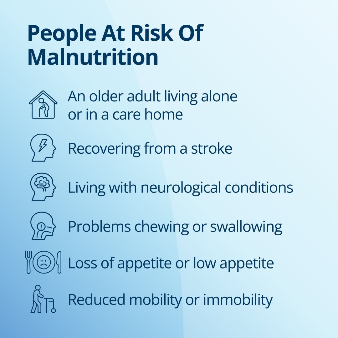 Fresubin explains that people who are at a higher risk of malnutrition include older adults living alone or in a care home, those recovering from a stroke, people living with neurological conditions, those with problems chewing or swallowing, people suffering from a loss of appetite or a low appetite, and older adults with reduced mobility or immobility 