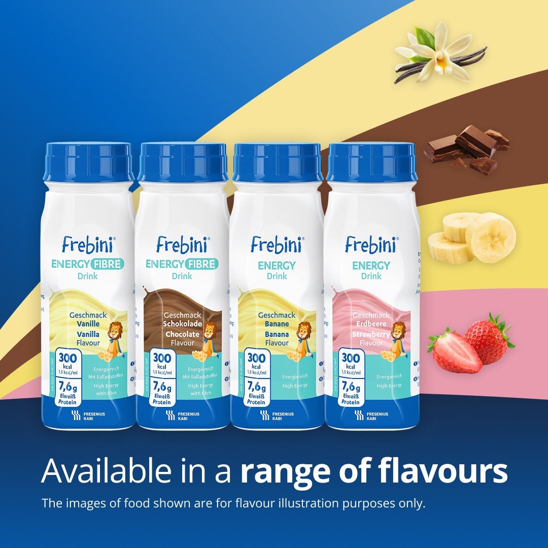 High calorie paediatric drinks from Fresubin's Frebini range, supporting children who need additional energy and nutritional intake, including Frebini Chocolate-flavoured and Vanilla-flavoured ENERGY FIBRE Drink and Frebini Banana-flavoured and Strawberry-flavoured ENERGY Drink 