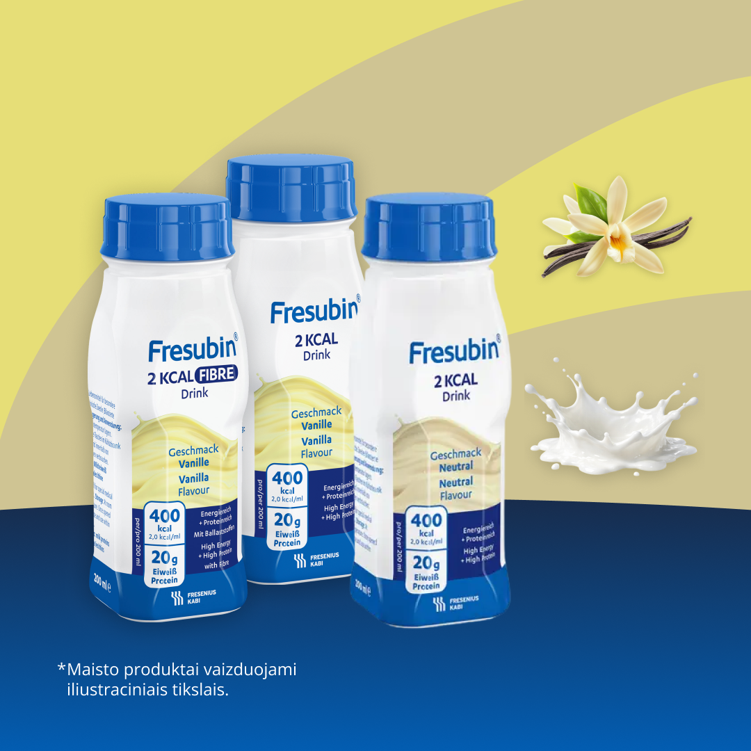 Vizualas apie „Fresubin 2 KCAL“ produktų liniją – įvairovė: Drink, Fibre ir Crème.