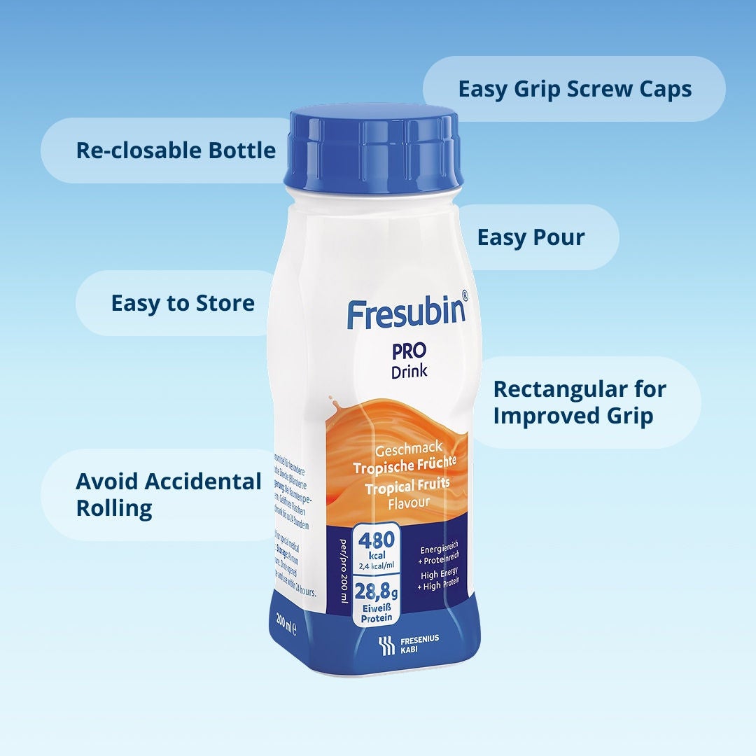 An infographic explaining the functionalities of the Fresubin EasyBottle design. 