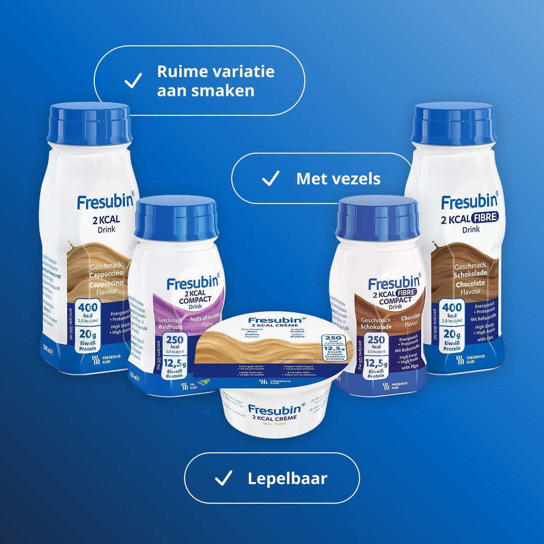 Het 2KCAL-assortiment van Fresubin omvat het breedste aanbod aan smaken, lepelbare varianten en producten met extra vezels van Fresubin. Het assortiment bestaat uit 2KCAL Drink, 2KCAL COMPACT Drink, 2KCAL FIBRE, 2KCAL FIBRE COMPACT Drink en 2KCAL Crème 