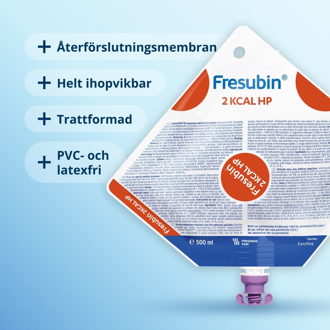 En infografik som förklarar de fyra viktigaste aspekterna av hur Fresenius Kabis behållare för sondmatning, EasyBag, fungerar. 