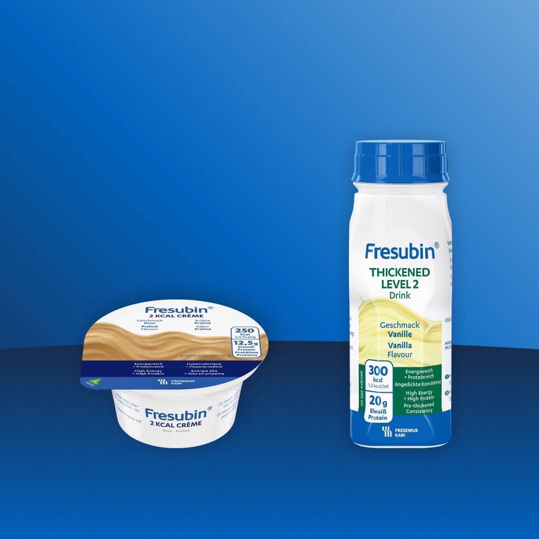 Fresubins sortiment för sväljsvårigheter finns i flera olika former, bland annat Thick&Easy Clear matförtjockningsmedel, Fresubin 2 kcal kräm med pralinsmak och Fresubin förtjockad dryck nivå 2 med vaniljsmak. 
