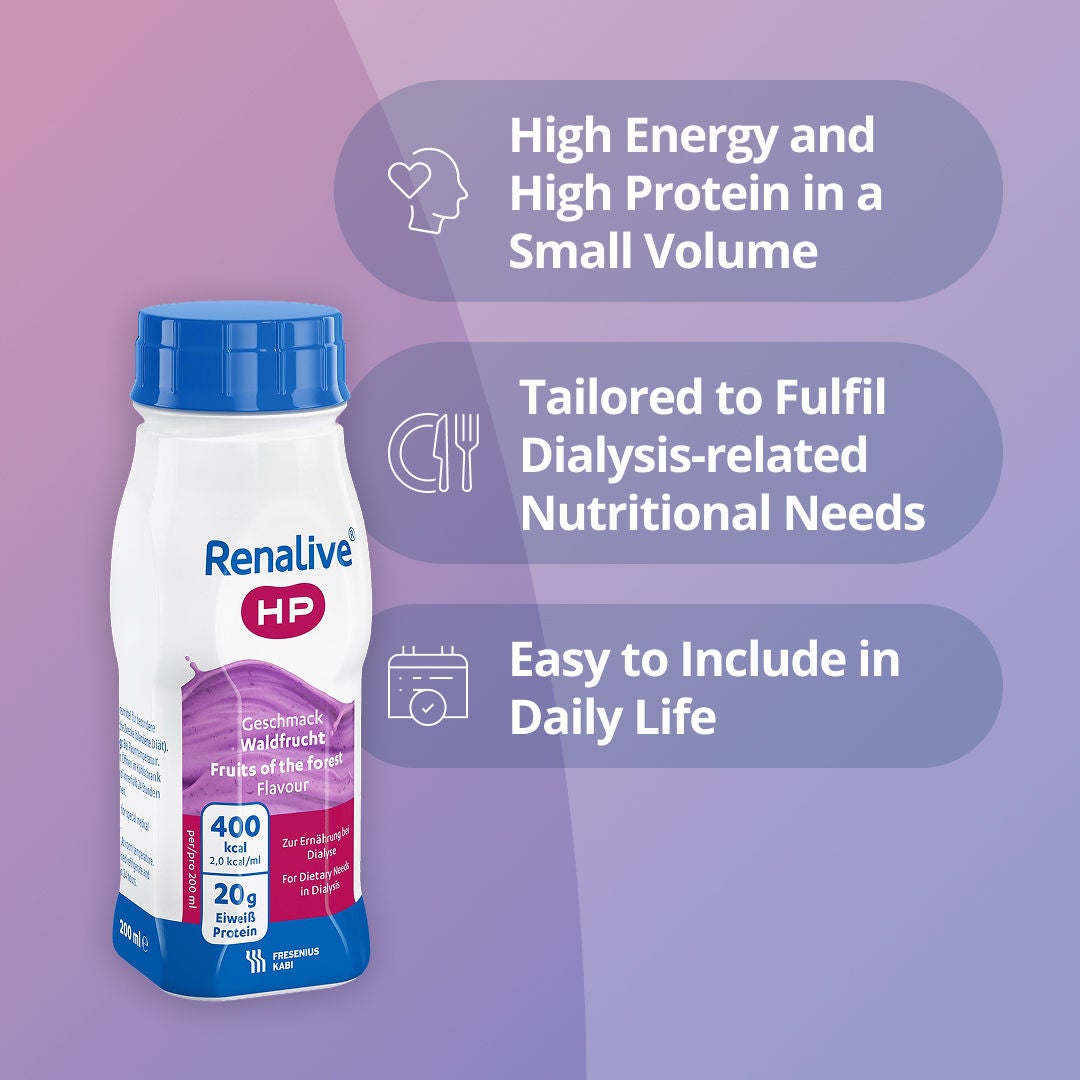 Renalive HP delivers high energy in a compact 200ml bottle, helpful for when appetite is low. The Renalive range is also tailored for dialysis-related nutritional needs with reduced sodium, potassium and phosphorus, which are key minerals to monitor with CKD. It is easy to include Renalive in daily life as no preparation is needed thanks to the ready-to-drink format that is best served chilled. 
