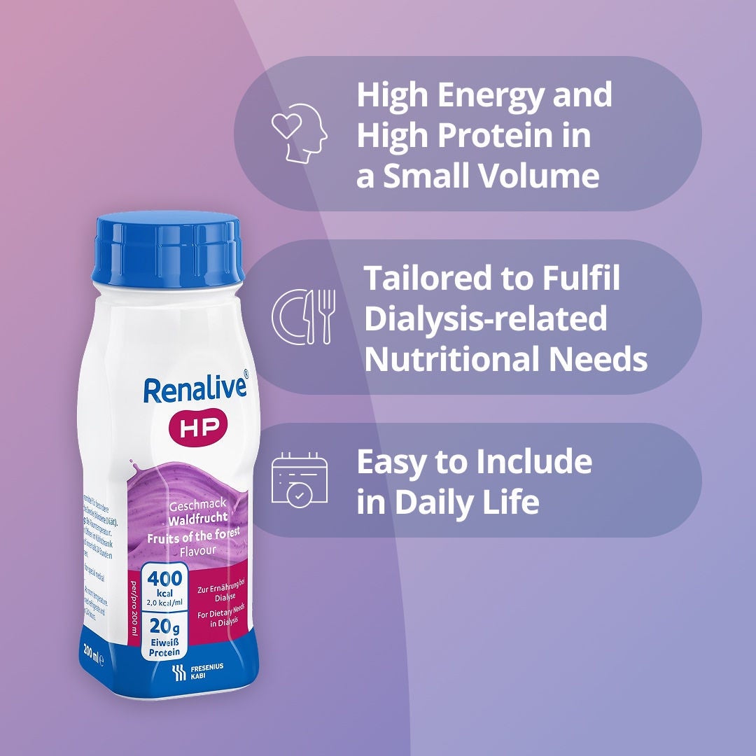 Renalive HP delivers high energy in a compact 200ml bottle, helpful for when appetite is low. The Renalive range is also tailored for dialysis-related nutritional needs with reduced sodium, potassium and phosphorus, which are key minerals to monitor with CKD. It is easy to include Renalive in daily life as no preparation is needed thanks to the ready-to-drink format that is best served chilled. 