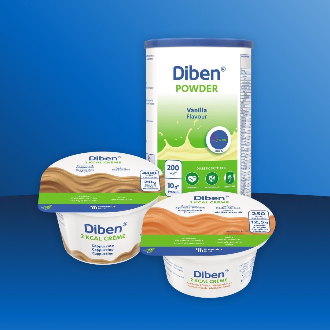 Fresubin's Diben range offers a selection of nutritional support options for those with diabetes, including Diben Vanilla-flavoured POWDER to suit a range of energy needs, as well as Cappuccino- and Apricot-Peach-flavoured Diben 2 KCAL CRÈME to support those with diabetes and dysphagia. 