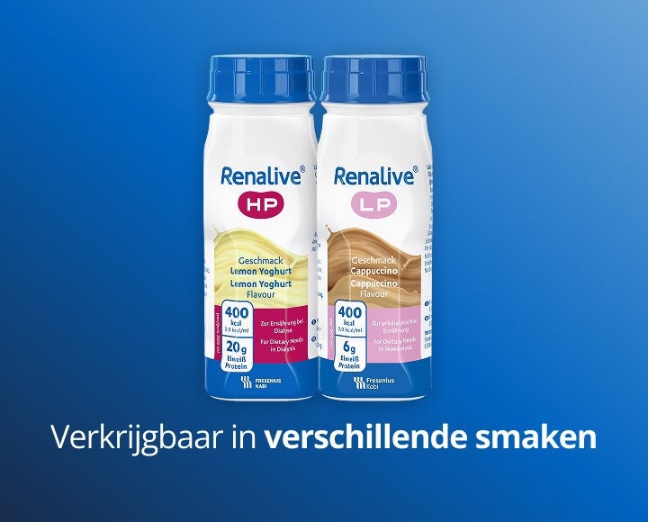 Voedingsdranken voor mensen met chronische nierziekten uit het Fresubin RENAL-assortiment, met een verlaagd gehalte aan eiwitten en elektrolyten. Verkrijgbaar in de smaken vanille en cappuccino 