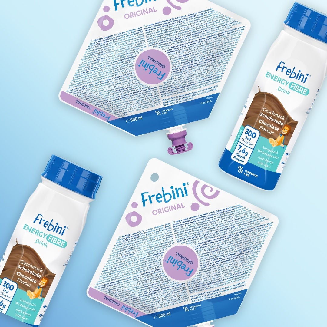 La gama de productos de alimentación por sonda Frebini de Fresubin incluye Frebini ORIGINAL, ORIGINAL FIBRE, ENERGY y ENERGY FIBRE, mientras que la gama de suplementos nutricionales orales para niños incluye ENERGY Drink y ENERGY FIBRE Drink, disponibles en diversos sabores para contribuir adecuadamente a la nutrición infantil 