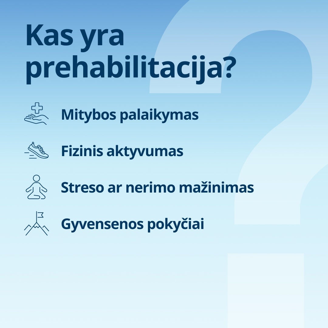 Kas yra prehabilitacija? „Fresubin“ paaiškina, kad prehabilitacija apima mitybos palaikymą, fizinį aktyvumą, streso ar nerimo mažinimą ir gyvenimo būdo pokyčius. 