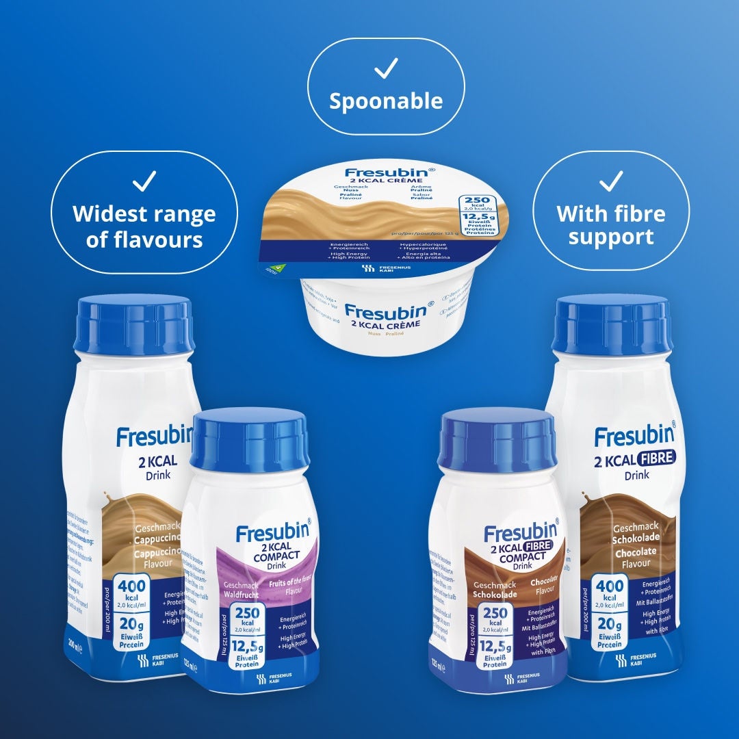 Fresubin’s 2KCAL range includes Fresubin’s widest range of flavours, spoonable formats and options with fibre support. Includes 2KCAL Drink, 2KCAL COMPACT Drink, 2KCAL FIBRE 2KCAL FIBRE COMPACT Drink 2KCAL Crème 