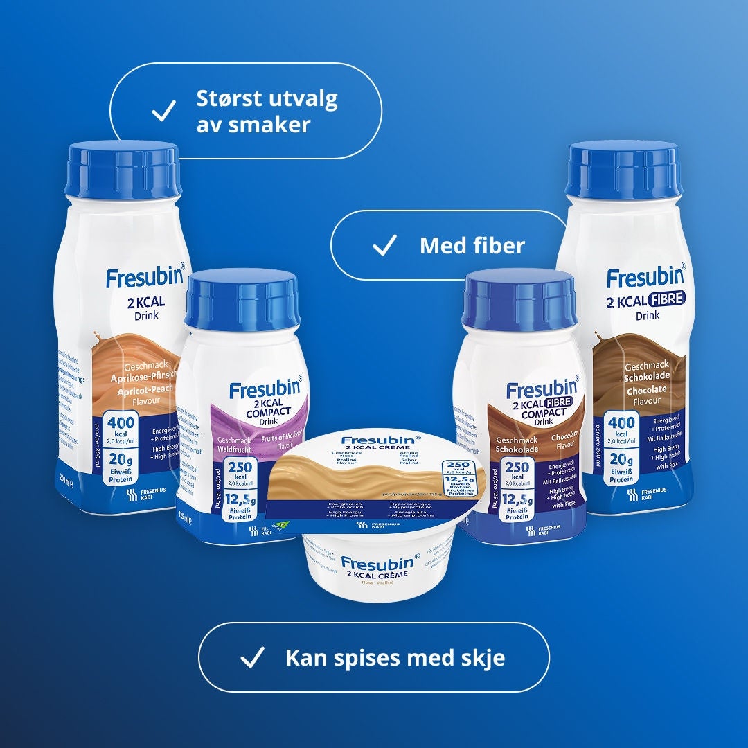 Fresubins 2KCAL-serie omfatter Fresubins bredeste utvalg av smaker, skjeformater og varianter med fiber. Serien omfatter 2KCAL Drink, 2KCAL COMPACT Drink, 2KCAL FIBRE, 2KCAL FIBRE COMPACT Drink og 2KCAL Crème 