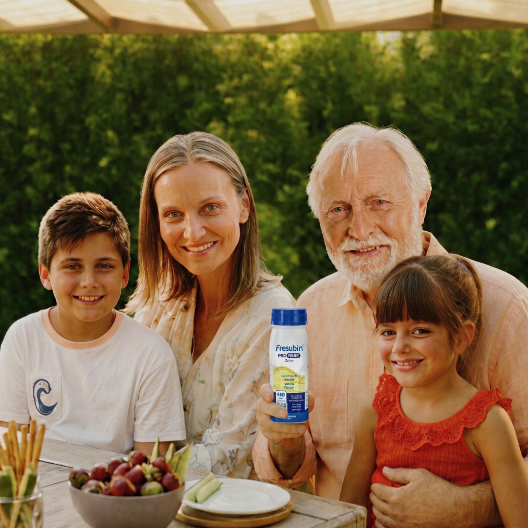 A grandpa smiles surrounded by family as he holds a Fresubin Cappuccino-flavoured PRO FIBRE Drink to support his protein needs. 