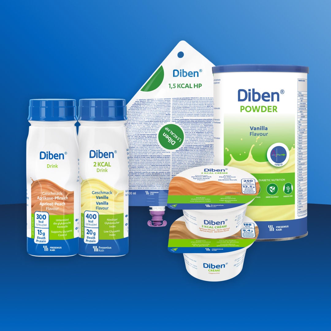 A gama Diben da Fresubin, destinada a apoiar a nutrição dos diabéticos, está disponível numa variedade de formatos e sabores à sua medida, incluindo: Diben 1,5 KCAL para alimentação por sonda, Diben Bebida com sabor a alperce e pêssego, Diben Bebida com sabor a baunilha 2 KCAL, Diben em pó com sabor a baunilha, Diben com sabor a alperce e pêssego, 2 KCAL, creme para comer à colher, e Diben com sabor a cappuccino, creme para comer à colher. 