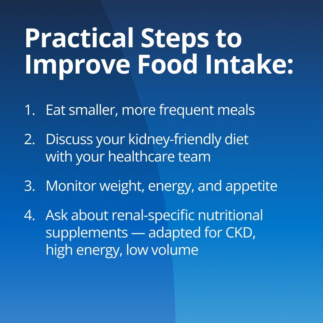 Fresubin explains practical steps to improve food intake: 1. Eat smaller, more frequent meals. 2. Discuss your kidney-friendly diet with your healthcare team. 3. Monitor weight, energy and appetite. 4. Ask about renal-specific nutritional supplements adapted for CKD with high energy and low volume. 