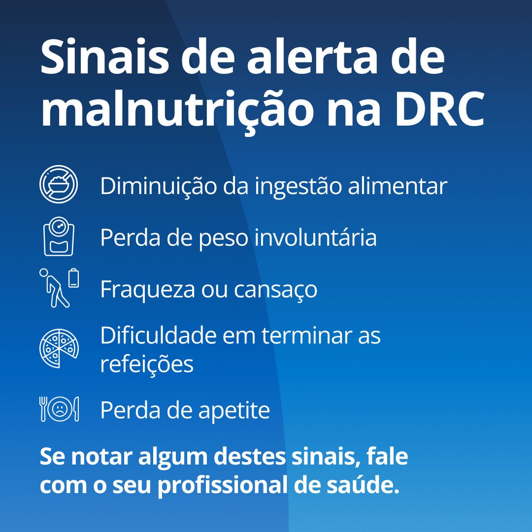 A imagem explica que os sinais de alerta de desnutrição em pessoas com DRC incluem comer menos do que o habitual, perda de peso involuntária, sensação de fraqueza ou cansaço, dificuldade em terminar as refeições e perda de apetite. Se notar estas alterações, fale com a sua equipa de cuidados de saúde. 