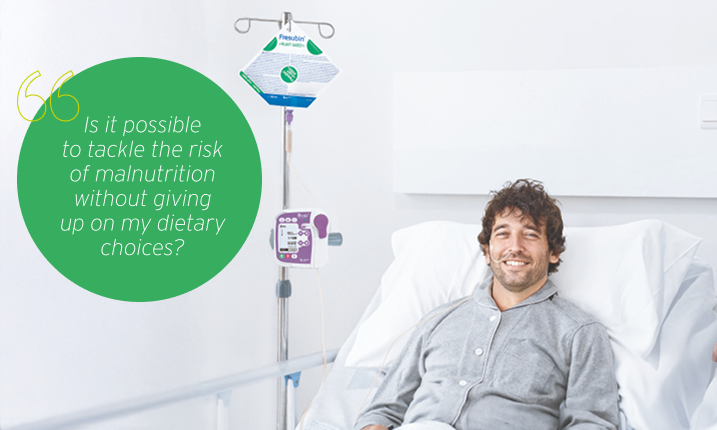 Patient receiving plant-based enteral nutrition in a hospital setting, highlighting the possibility of tackling malnutrition without compromising dietary choices.