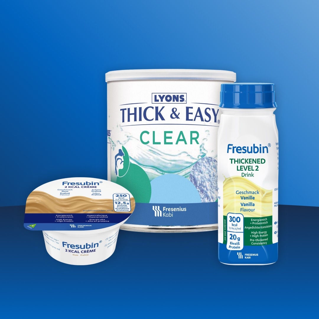 Fresubin's dysphagia range is available in a variety of formats, including Thick&Easy  Clear Food Thickener, Fresubin Praline-flavoured 2KCAL Crème and Fresubin Vanilla-flavoured Thickened Level 2 Drink. 