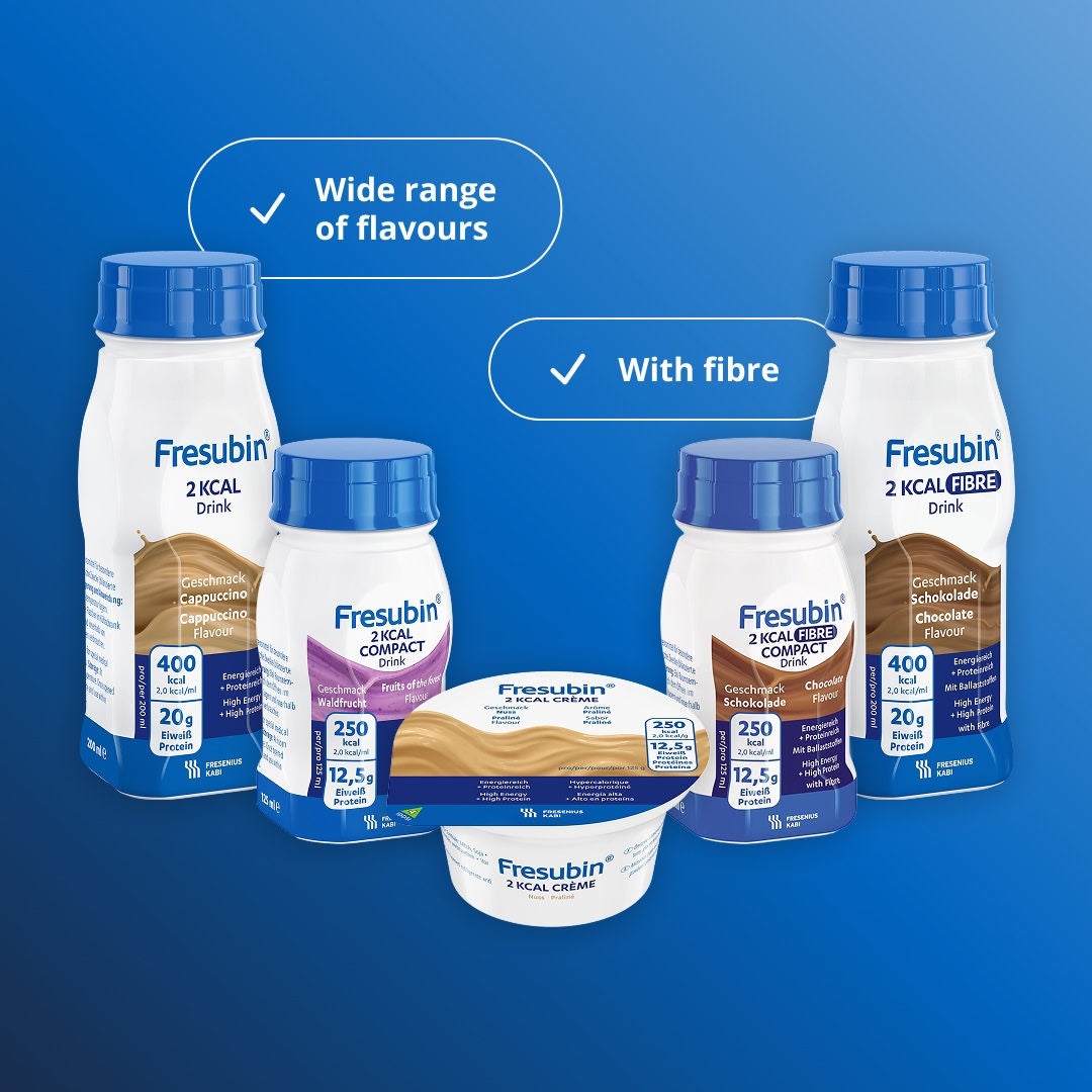 Fresubin’s 2KCAL range includes Fresubin’s widest range of flavours, spoonable formats and options with fibre support. Includes 2KCAL Drink, 2KCAL COMPACT Drink, 2KCAL FIBRE 2KCAL FIBRE COMPACT Drink 2KCAL Crème 