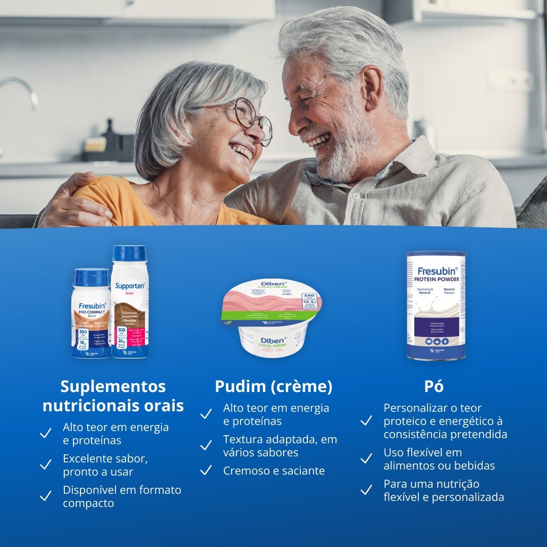 A gama de suplementos nutricionais orais Fresubin inclui bebidas energéticas e ricas em proteínas, de fácil consumo, com um sabor excelente e práticas, disponíveis em formatos compactos; copos de creme que podem ser consumidos à colher, que são energéticos e ricos em proteínas, ideais como lanche ou sobremesa, em diversos sabores; e pós que podem ser utilizados em alimentos ou bebidas para ajustar o teor energético e proteico à consistência desejada, proporcionando uma nutrição flexível e personalizada. 