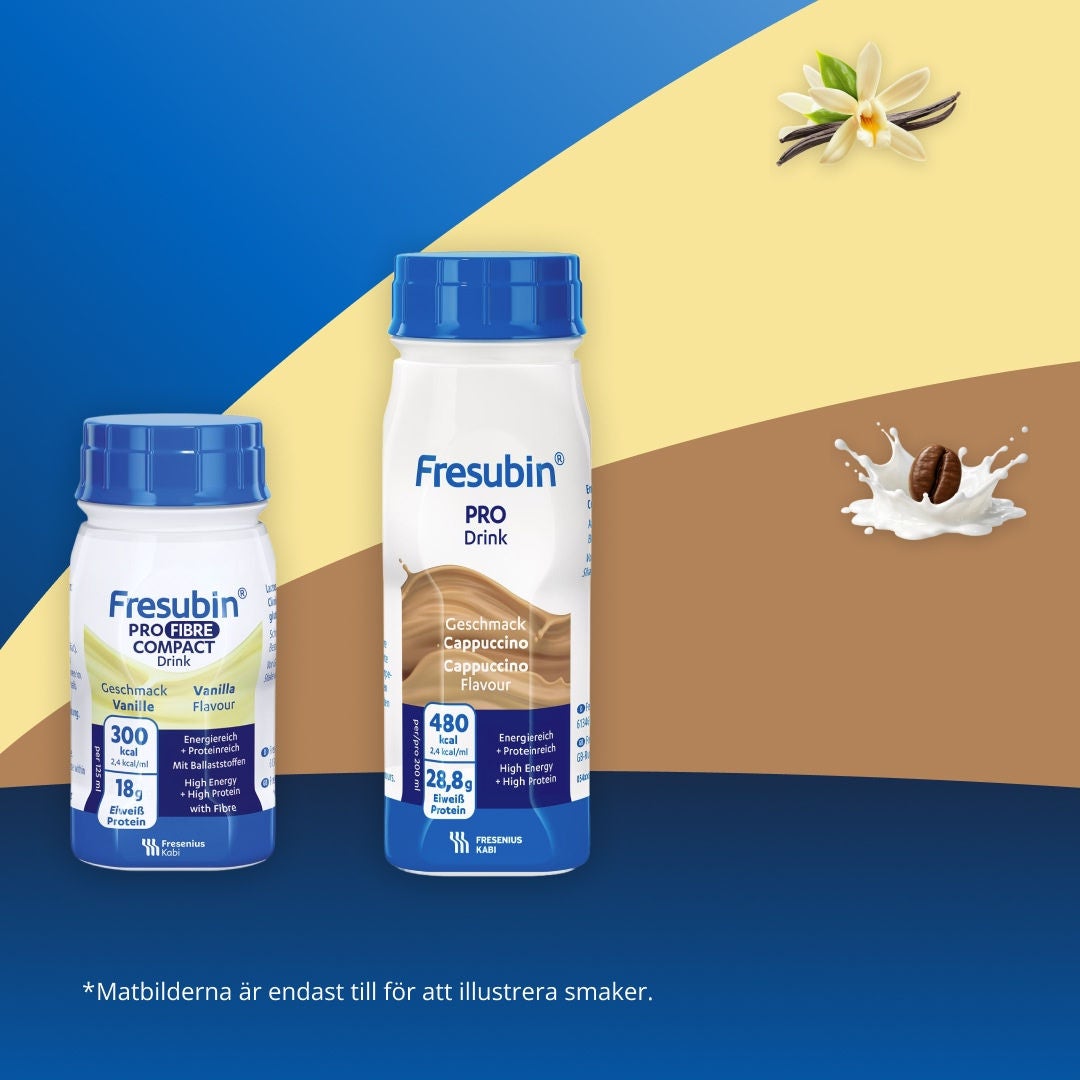 Fresubins PRO-sortiment finns i en rad olika förpackningsformer och smaker, bland annat PRO FIBRE COMPACT Drink med vaniljsmak, PRO COMPACT Drink med aprikos- och persikosmak, PRO Drink med cappuccinosmak och PRO FIBRE Drink med jordgubbssmak 