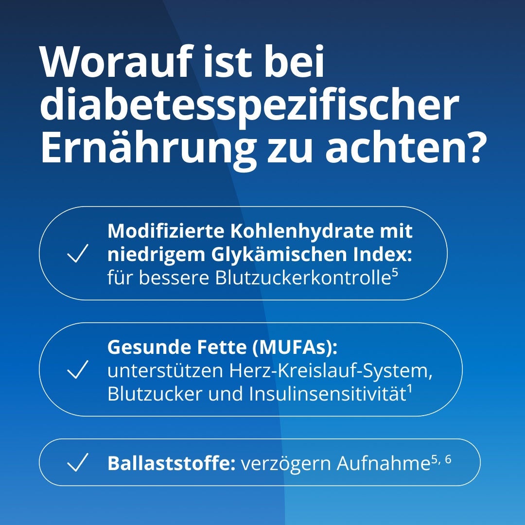 Achten Sie bei der diabetesgerechten Ernährung auf modifizierte Kohlenhydrate mit niedrigem glykämischen Index (GI) zur Verbesserung der Blutzuckerkontrolle, auf gesunde Fette (einfach ungesättigte Fettsäuren, MUFAs) zur Unterstützung der kardiometabolischen Gesundheit, der Blutzuckerkontrolle und der Insulinsensitivität sowie auf Ballaststoffe, um die Resorption zu verzögern. 