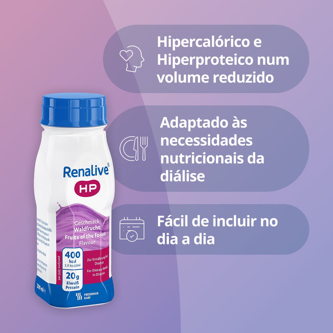O Renalive HP fornece um elevado nível de energia numa garrafa compacta de 200 ml, sendo útil quando o apetite está reduzido. A gama Renalive foi também concebida para satisfazer as necessidades nutricionais relacionadas com a diálise, com teores reduzidos de sódio, potássio e fósforo, minerais essenciais a monitorizar na doença renal crónica (DRC). É fácil integrar o Renalive no dia-a-dia, uma vez que não requer qualquer preparação, graças ao seu formato pronto a beber, que se recomenda consumir fresco. 