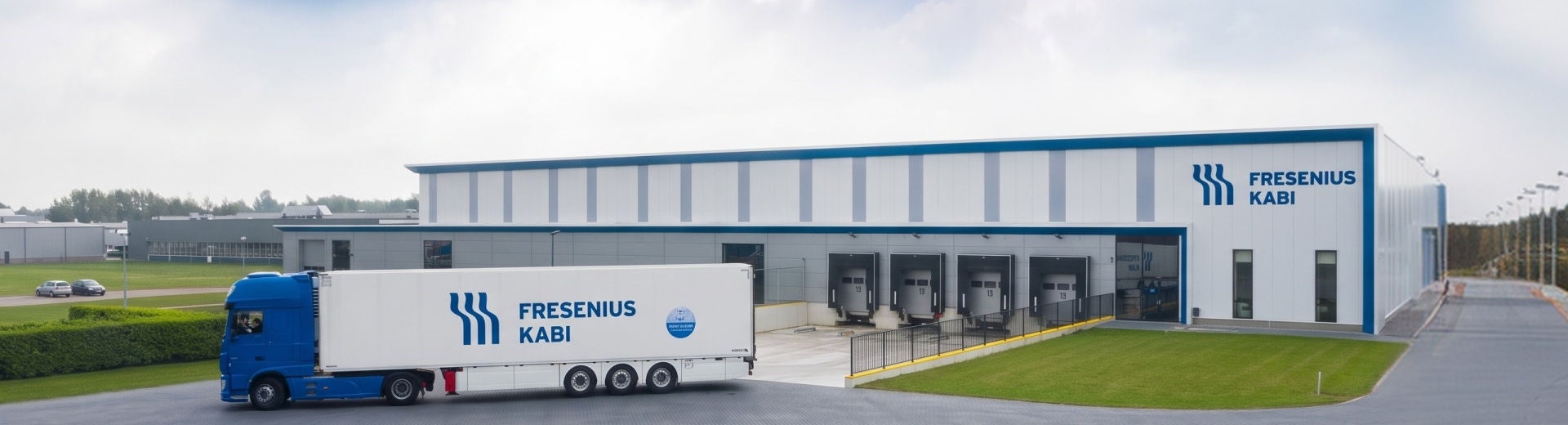 A Fresubin Kabi lorry driving out of a Fresubin Kabi warehouse. 