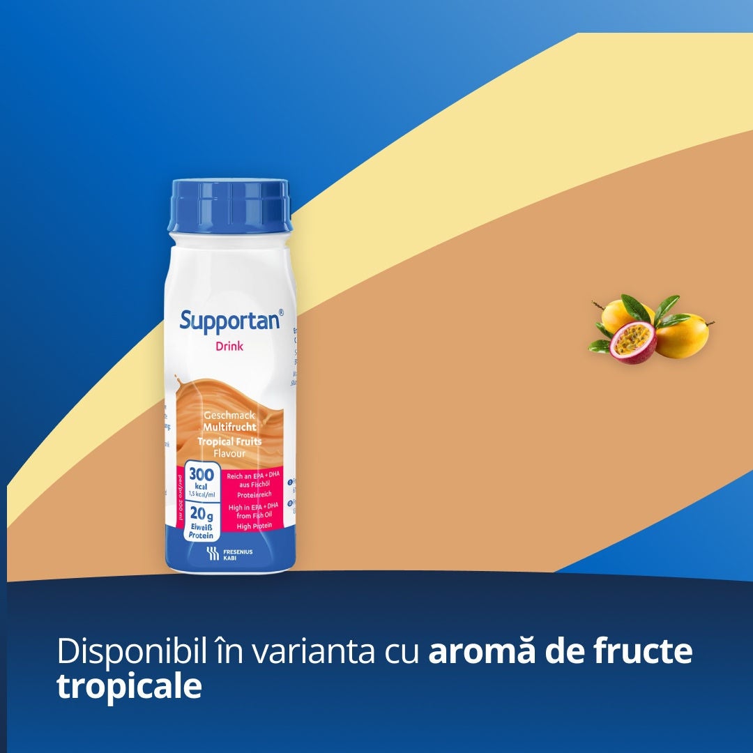 Băuturi nutritive pentru pacienții cu cancer din gama Supportan de la Fresubin, concepute pentru a menține greutatea și forța în timpul tratamentului. Gama include aromele de ananas-nucă de cocos, fructe tropicale, cappuccino și ciocolată 