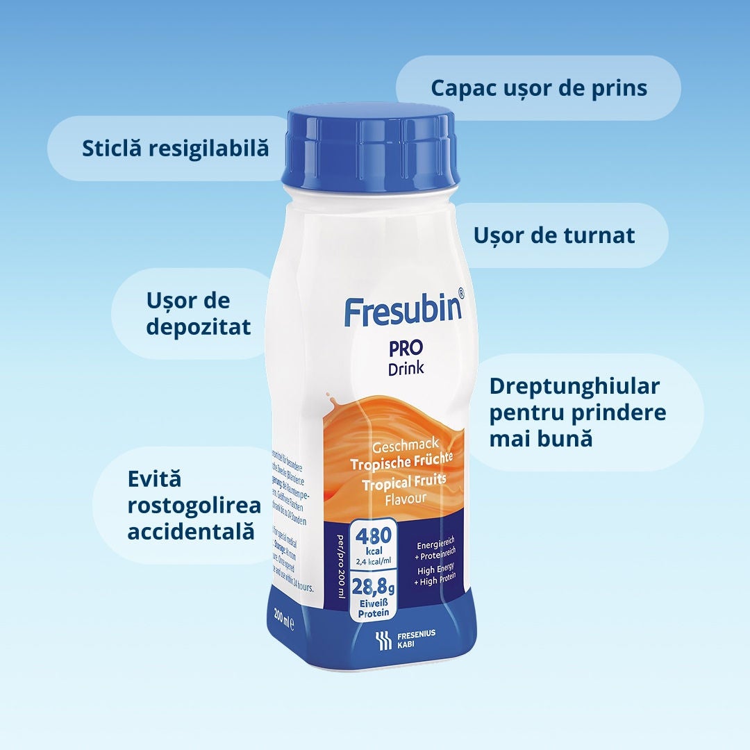 O infografică care explică funcționalitățile designului Fresubin EasyBottle. 