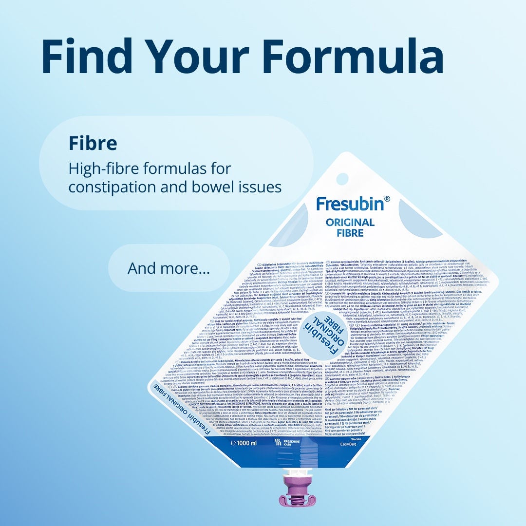 Find your formula with the Fresubin range, including 2kcal formulas for high energy and low volume options for restricted fluid intake, plant-based options for patients with specific dietary preferences, high-fibre options for those with constipation and bowel issues, and more... 