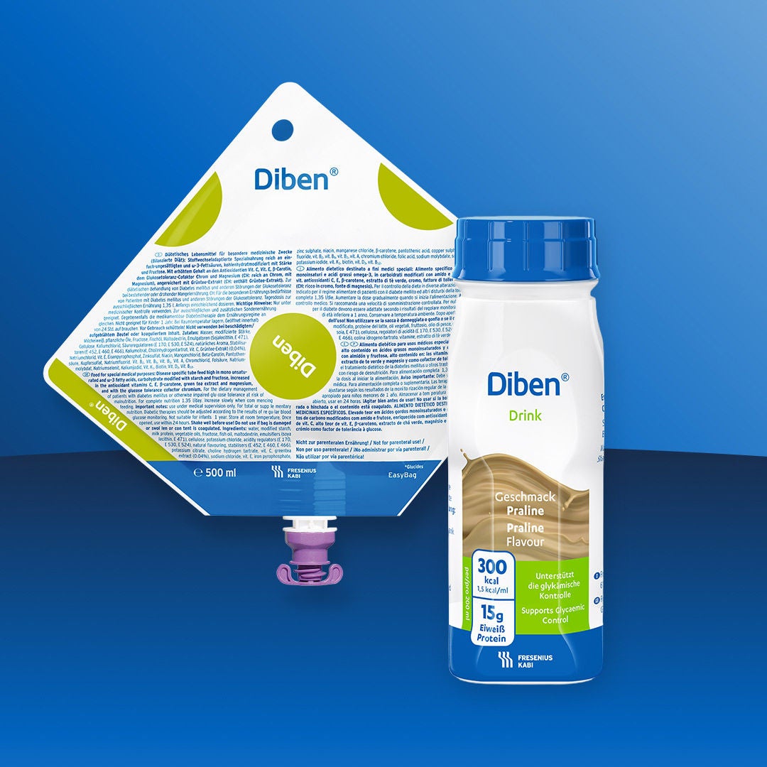 La gama Diben de Fresubin ofrece una selección de opciones de apoyo nutricional para personas con diabetes, entre las que se incluyen el Diben en POLVO con sabor a vainilla, que se adapta a diversas necesidades energéticas, así como el Diben 2 KCAL en CREMA con sabores a capuchino y albaricoque-durazno, diseñado para apoyar a las personas con diabetes y disfagia. 