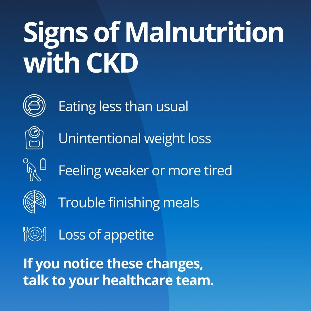 Fresubin explains how malnutrition warning signs for those with CKD include eating less than usual, unintentional weight loss, feeling weaker or more tired, trouble finishing meals, and loss of appetite. If you notice these changes, talk to your healthcare team. 