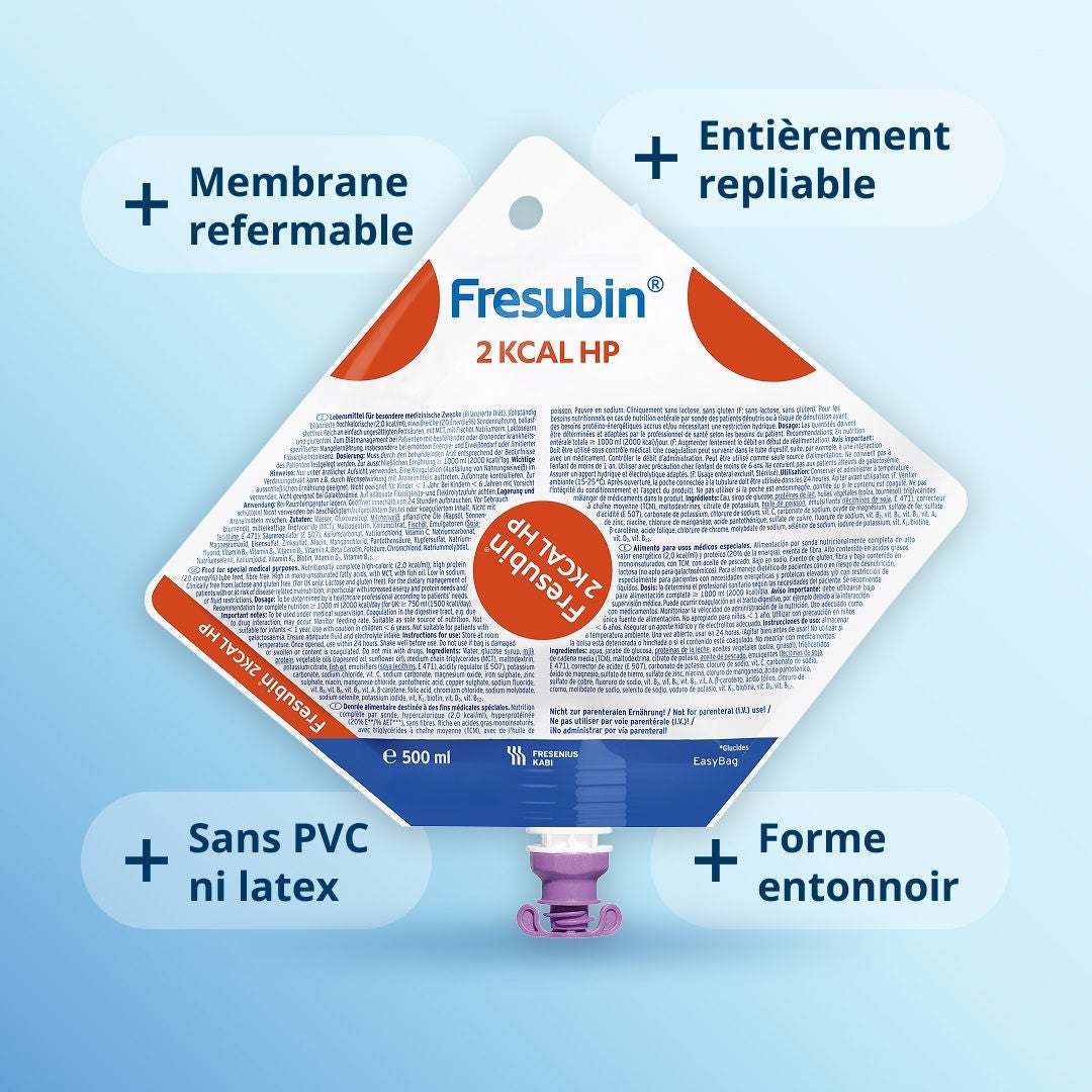 L'EasyBag de Fresubin, en forme d'entonnoir et destiné à l'alimentation par sonde, est doté d'une membrane refermable, est entièrement repliable et ne contient ni PVC ni latex. 