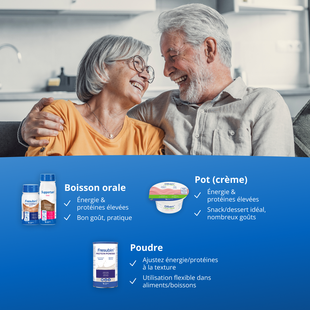 La gamme Fresubin comprend des boissons à haute teneur en énergie et en protéines, pratiques et au goût agréable ; des préparations pour alimentation par sonde offrant une alimentation complète adaptée à divers besoins cliniques ; des coupelles de crème à déguster à la cuillère, riches en énergie et en protéines, idéales comme en-cas ou dessert et disponibles dans une grande variété de saveurs ; ainsi que des poudres pouvant être incorporées de manière flexible dans des aliments ou des boissons afin d'ajuster l'apport énergétique et protéique selon la consistance souhaitée. 