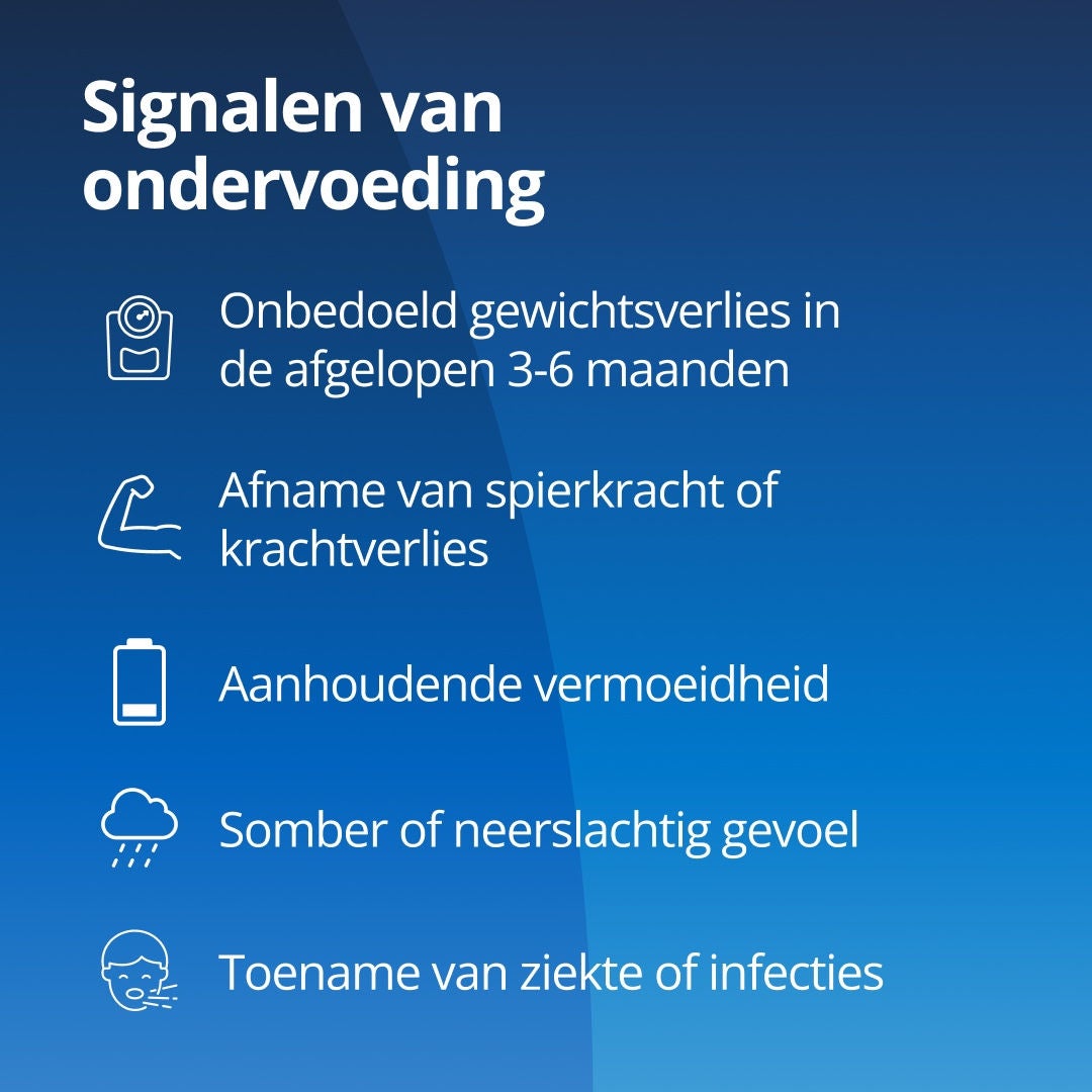Fresubin legt uit dat signalen van ondervoeding bij ouderen onder meer bestaan uit ongewild gewichtsverlies in de afgelopen 3 tot 6 maanden, spierzwakte of verminderde kracht, zich voortdurend moe voelen, een somber of neerslachtig gevoel, en een toename van ziekte en infecties 