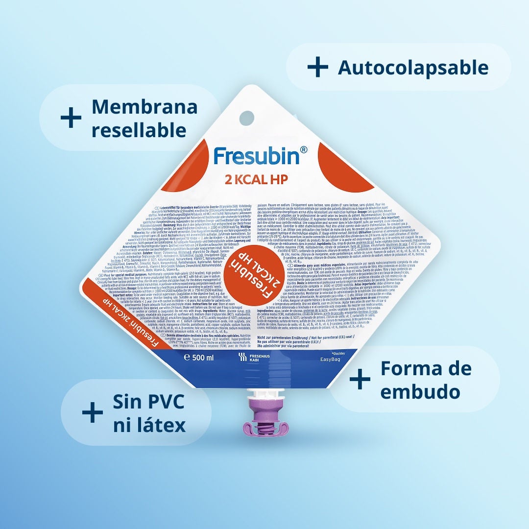 La bolsa EasyBag de Fresubin, con forma de embudo y diseñada para la alimentación por sonda, cuenta con una membrana resellable, es totalmente plegable y no contiene PVC ni látex. 