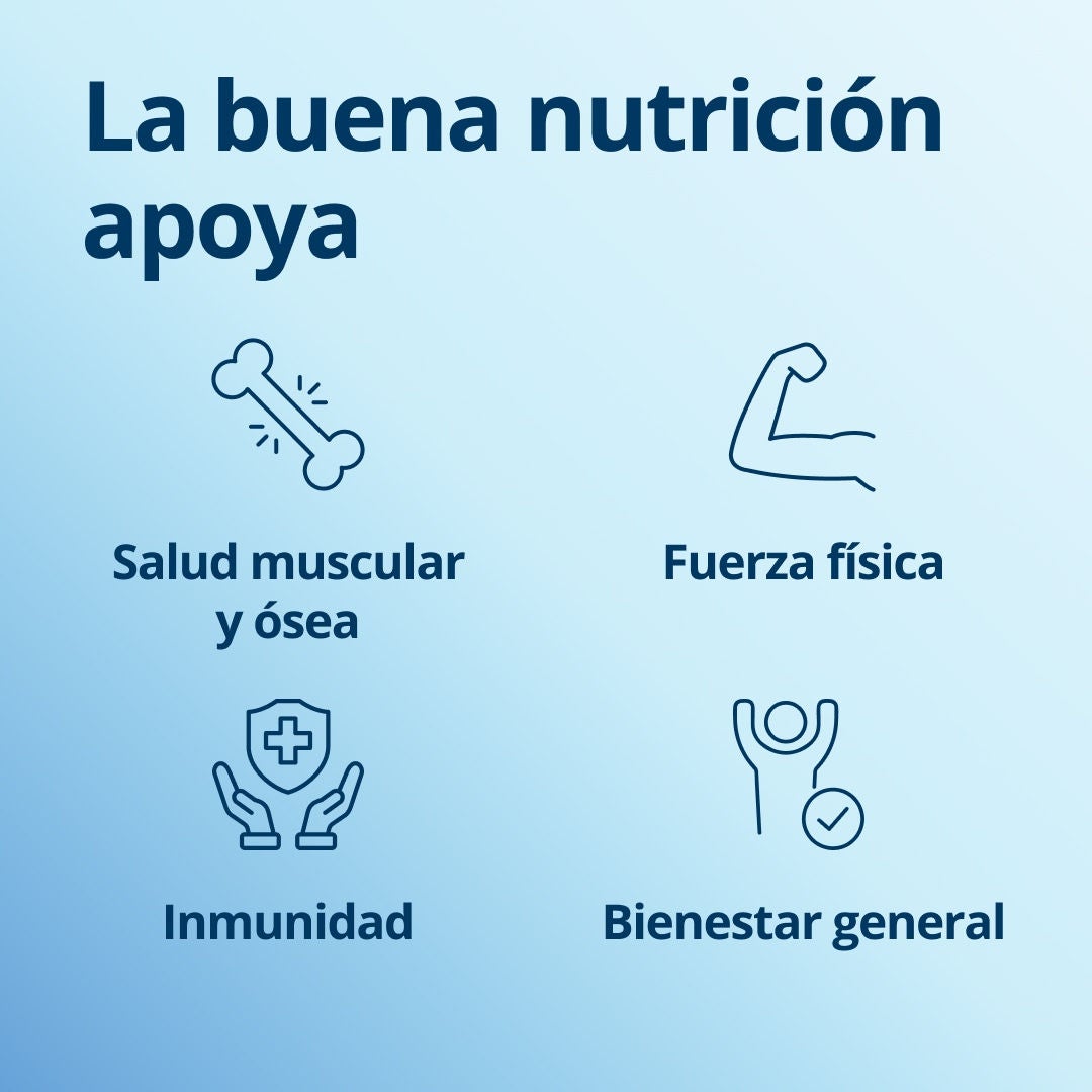 Fresubin ayuda a mantener una buena nutrición, lo cual contribuye a la salud muscular y ósea, la fuerza física, la inmunidad y el bienestar general. 
