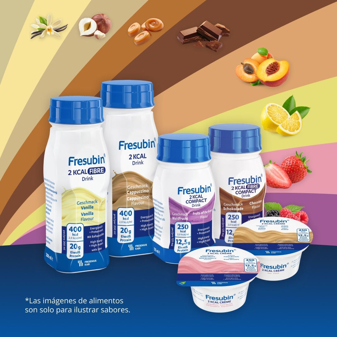 La gama 2KCAL de Fresubin incluye una amplia variedad de opciones de consumo. Entre ellas se encuentran las bebidas 2KCAL, las bebidas 2KCAL COMPACT, las bebidas 2KCAL FIBRE, las bebidas 2KCAL FIBRE COMPACT y las cremas 2KCAL. 