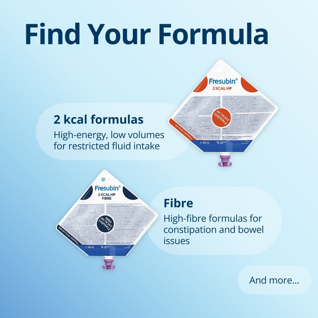Find your formula with the Fresubin range, including 2kcal formulas for high energy and low volume options for restricted fluid intake, plant-based options for patients with specific dietary preferences, high-fibre options for those with constipation and bowel issues, and more... 