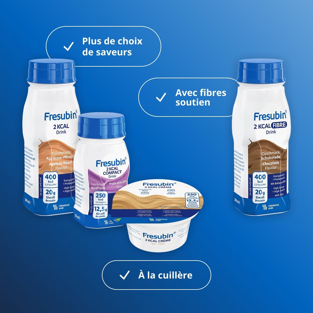 La gamme 2KCAL de Fresubin propose le plus grand choix de saveurs, de formats à prendre à la cuillère et d'options enrichies en fibres de la marque. Elle comprend les produits suivants : 2KCAL Drink, 2KCAL COMPACT Drink, 2KCAL FIBRE, 2KCAL FIBRE COMPACT Drink et 2KCAL Crème. 