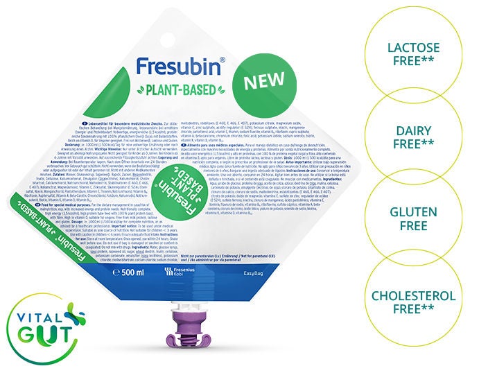 Fresubin Plant-Based Tube Feed with Vital Gut concept – lactose-free, dairy-free, gluten-free, and cholesterol-free medical nutrition from Fresenius Kabi.