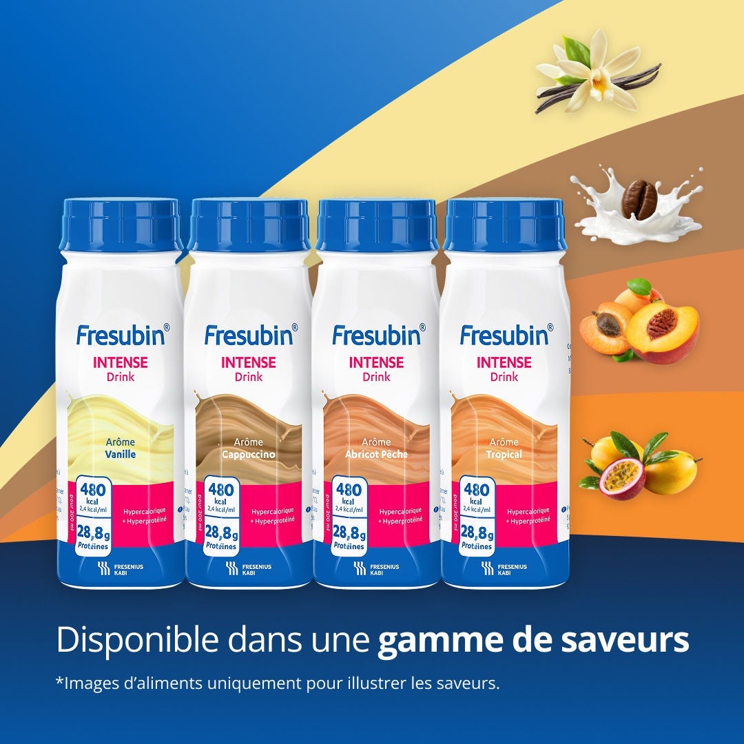 La gamme Fresubin Intense est disponible dans divers formats et saveurs, notamment la boisson PRO FIBRE COMPACT à la vanille, la boisson PRO COMPACT à l'abricot et à la pêche, la boisson PRO au cappuccino et la boisson PRO FIBRE à la fraise 